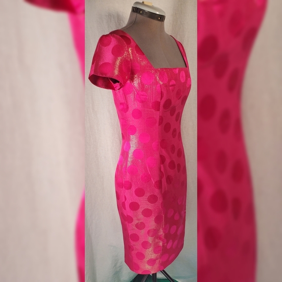 Pink Polka Dot Metalic Gold Silk Vtg Dress XS - Picture 6 of 11